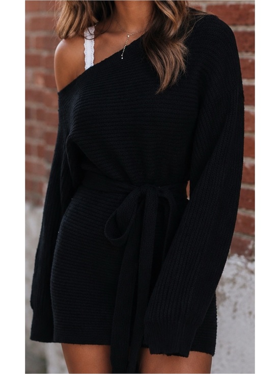 Dresses & Skirts - . Warm Hugs Off The Shoulder Black Chunky Knit Belted Mini/Midi Sweater Dress